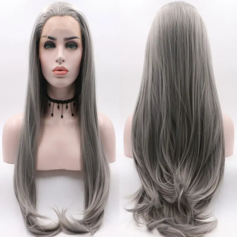 BM синтетический 13*3 парик на кружеве серебристо-серый прямой термостойкий волоконный волос натуральный волос Расставание для женщин парики