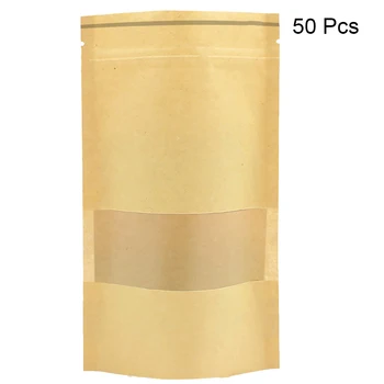 

50PCS Stand-up Kraft Paper Food Packaging Bag with Frosted Window Pouch for Food Nuts Cookie Candy Baking Tea Big Capability