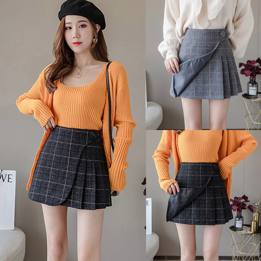 Модная женская осенне-зимняя шерстяная клетчатая плиссированная юбка трапециевидной формы с высокой талией# G3
