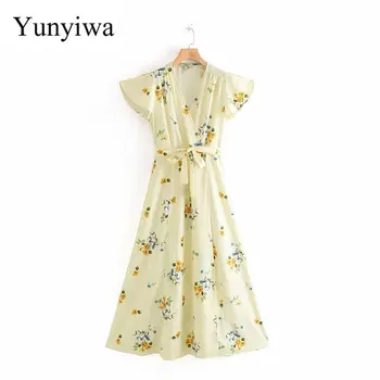 

2020 Women Elegant Cross V Neck Flower Print Bow Sashes Long Dress Ladies Flare Sleeve Chic Kimono Vestidos Casual Dress