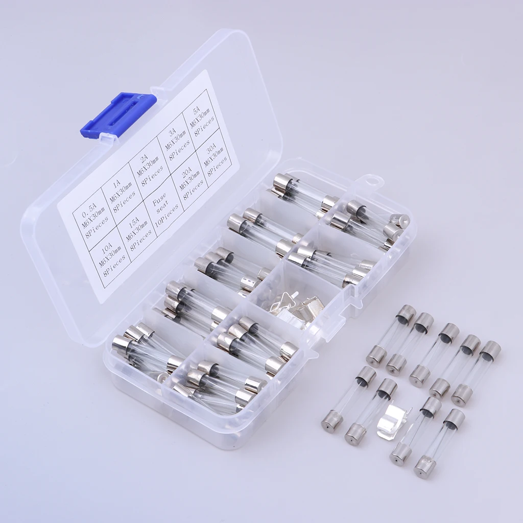 72Pack 6x30mm 0.5A-30A Fast-blow Glass Tube Fuses Kits for electronics