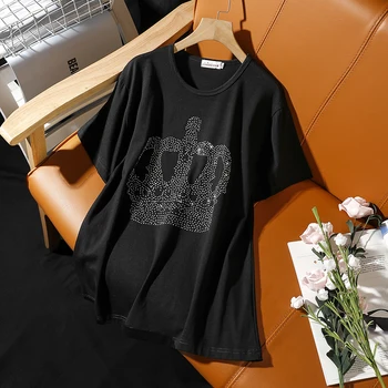 

Hiawatha Plus Size Cotton Short Sleeve T-Shirt 2020 Summer Hot Drilling Crown T Shirts Women Fashion Tops TX099