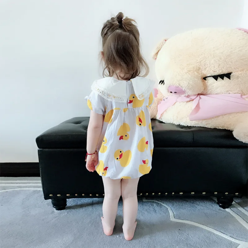 

Baby Onesie 2019 Spring And Summer New Style Female Baby Clothes Lace Edge Collar Yellow Duckling Pure Cotton Short Sleeved Kaza