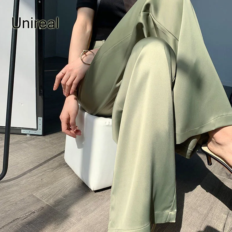 

Unireal 2022 Summer Autumn Women Wide Leg Pants High Waist Satin Trousers Streetwear Fashion Silk Casual Pants