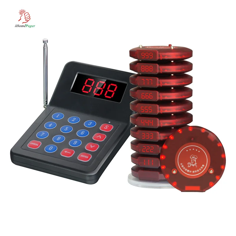 

Wholesale top sales 1 keyboard with 10 red pagers wireless restaurant/KFC/fastfood coaster pager system
