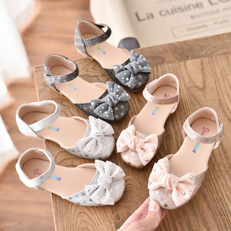 ULKNN Toddler Leather Sandals Bow-knot Rivets Shoes For Girls Princess Party Shoe For Dress Baby Infant Footwear Silver