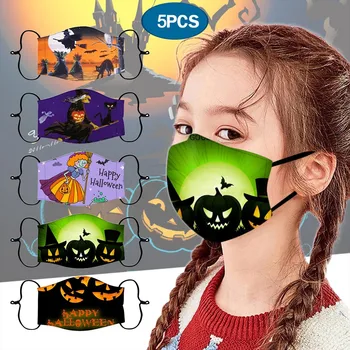 

5PCs Children's Adjustable Windproof Reusable Halloween Printed Mask Mouth Caps Face Mask Washable Mouth Mask Cloth masques