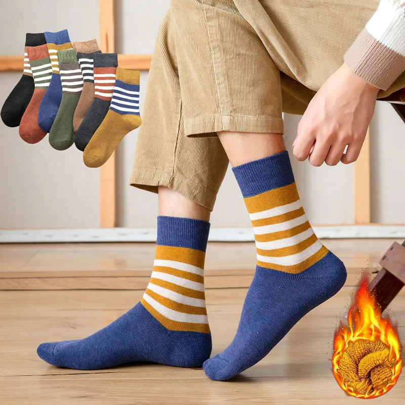 

New Fashion Autumn Winter High Quality Harajuku Happy warm Men Socks Against the winter snow Super Thicker Solid Striped socks