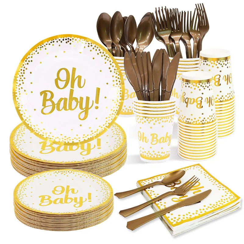 Gold Oh Baby Printed Disposable Tableware Set Baby Shower Christening