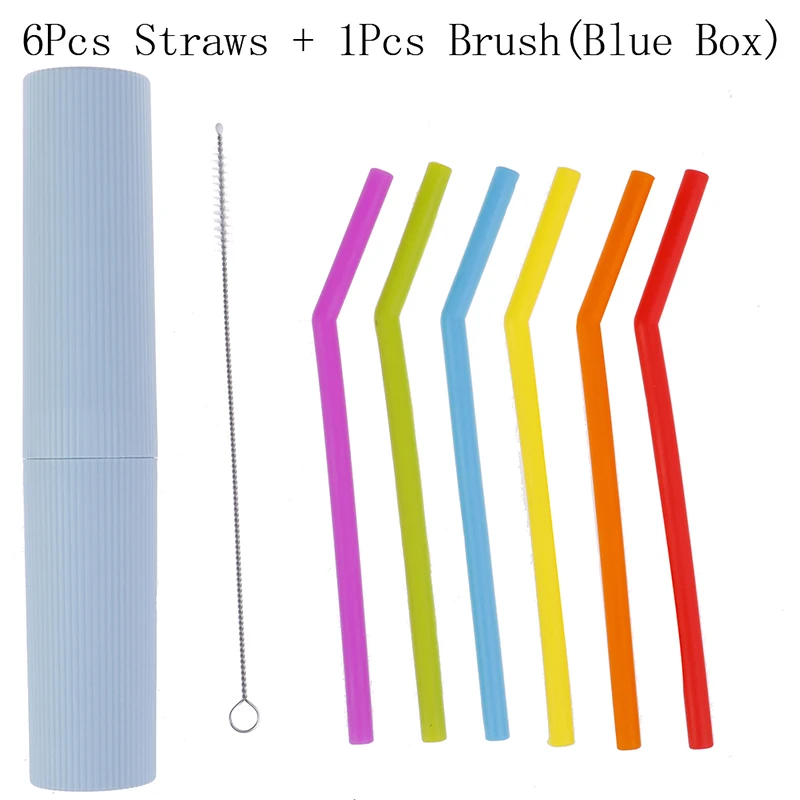 Blue 1 6/12Pcs Reusable Silicone Drinking Straws Set, Long Flexible Straws with Cleaning Brushes Bar Party Straws - Цвет: Blue 1