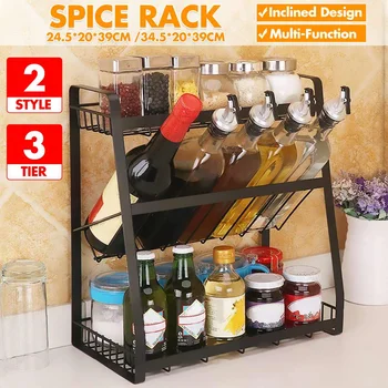 

3 Layers Stainless Steel Detachable Storage Shelf Rack Home Kitchen Multifunction Seasoning Shelves Holder Organizer Black