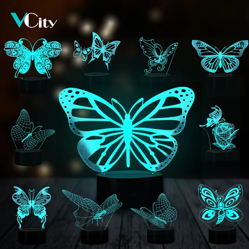 VCity красивая бабочка 3D лампа 7 цветов меняющая ночник потрясающая визуализация оптические подарки для девочек маска для работы Декор