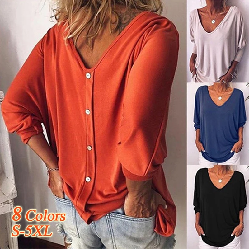 Europeo y americano transfronteriza de las mujeres ropa de cuello en V Bat 3/4 manga botón camiseta Top de las mujeres en Stock larga de algodón