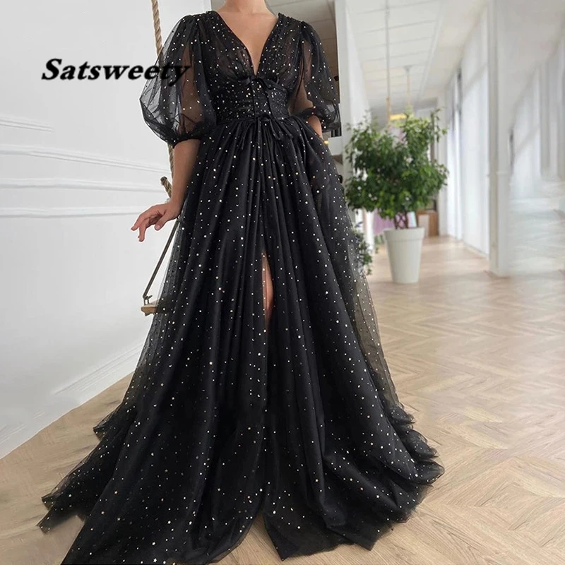 

Black Starry Tulle 2024 Prom Dresses Half Puff Sleeves Wedding Party Dresses Pleats Split Sweep Train Long Prom Gowns Belt