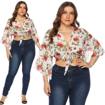 

Will Code Women's Wear Rose Flowers Printing Horn Sleeve Chiffon Cardigan Knot Short Money Top