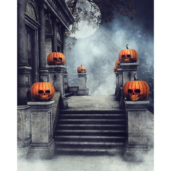 

Forest Castle Backdrop for Photography Stairs Pumpkin Faces Lanterns Kids Children Halloween Themed Photo Backgrounds studio