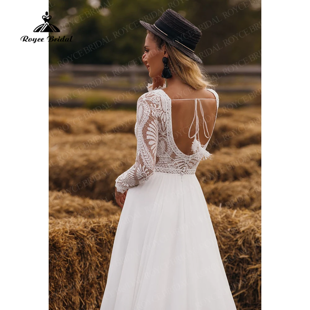 Bohemian Long Sleeves Wedding Dresses Backless Simple Lace Beach Bridal Gowns robe de mariee 2022 V Neck Chiffon Bridal Dress ball gown wedding dress