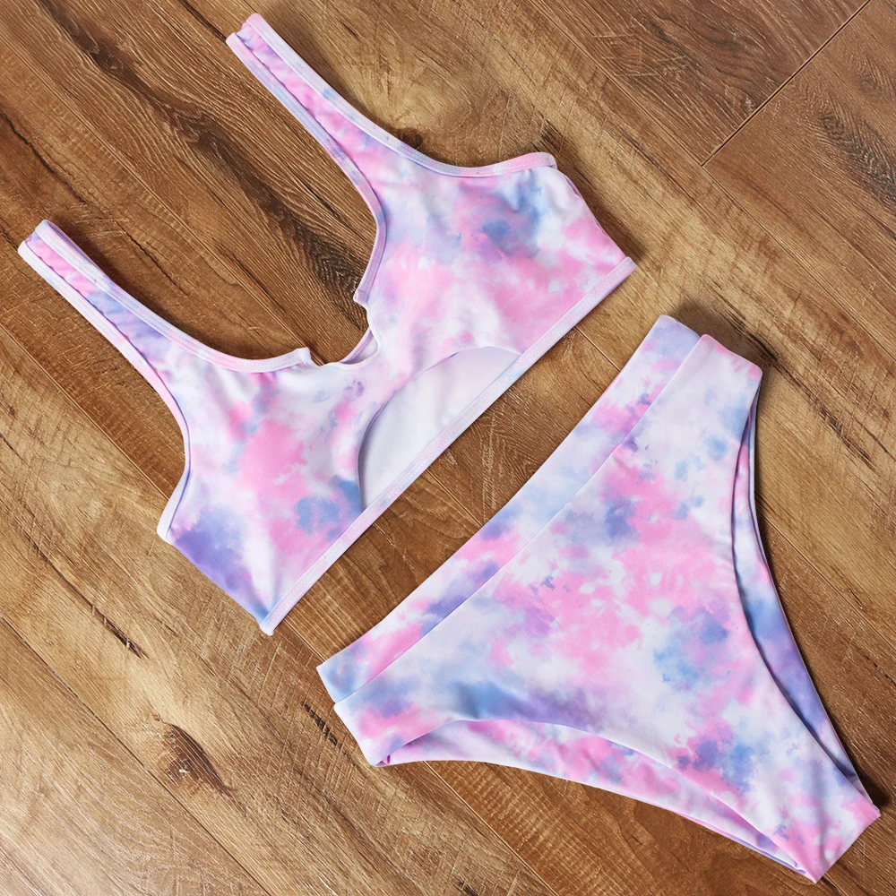 Бикини с высокой талией 2020 женский купальник Tye Dye комплект бикини однотонный