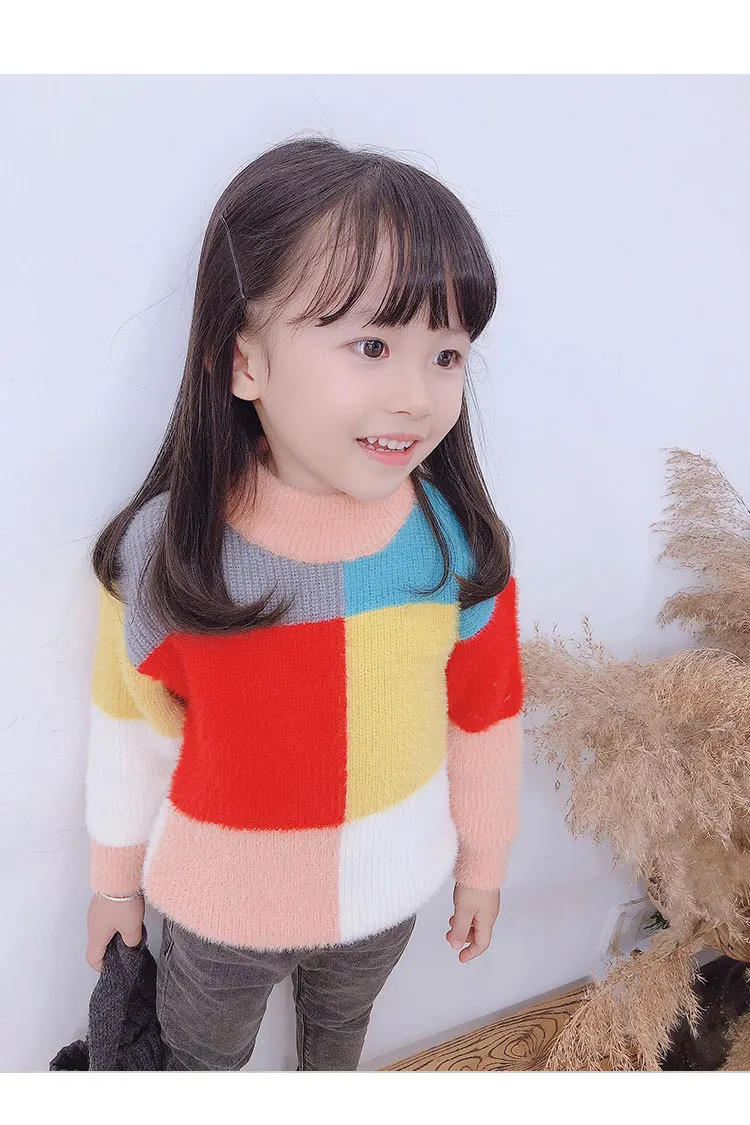 Свитер для девочек, осенняя одежда, корейский стиль, западный стиль, Детский свитер с разноцветной мозаикой, универсальные топы для маленьких девочек