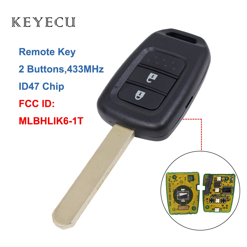 Keyecu дистанционный ключ-брелок от машины 2 кнопки 433 МГц ID47 чип для Honda Accord Civic City BR-V Crider 2013- евро, FCC ID: MLBHLIK6-1 T