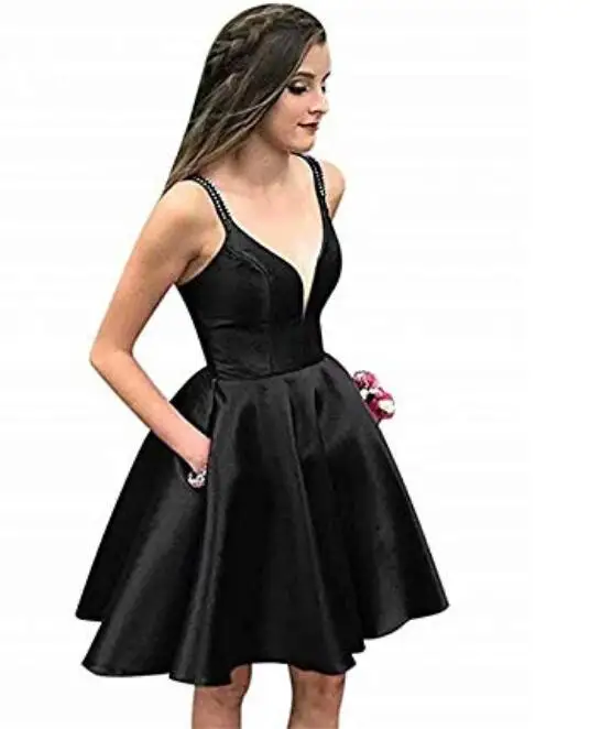 Атласное короткое платье для выпускного вечера Спагетти спинки бисером с карманами Выпускные вечерние платья для девушек размера плюс платье для выпускного вечера - Цвет: Черный