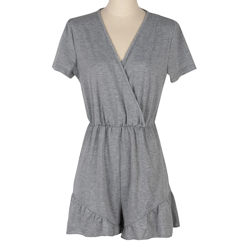

Women's short-sleeved ruffled loose V-neck gray jumpsuit women's casual wear soft basic female clothes short-sleeved jumpsuit
