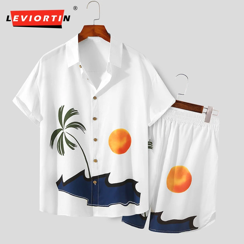 Summer Men White Printed Sets Streetwear Short Sleeve Beach Shirt