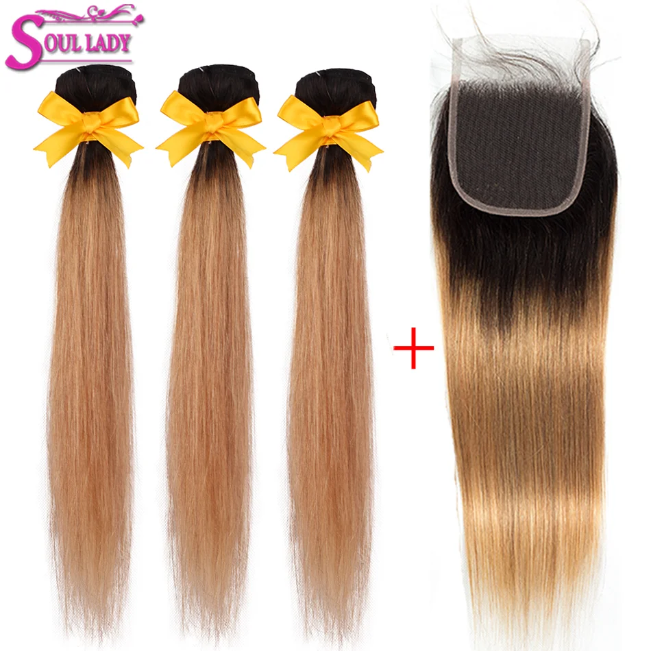 

Soul Lady Ombre Blonde Bundles With Closure 1B/27 Remy Brazilian Straight Human Hair Bundles With Closure Ombre Hair Extensions