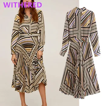 

Withered summer dress women england vintage court Geometric printing long shirt midi dress vestidos de fiesta de noche vestidos