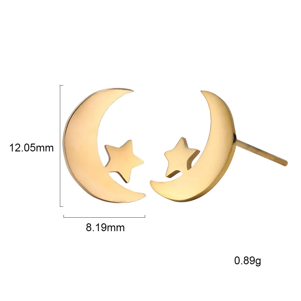 Серьги-гвоздики с пентаграммой в форме Луны, звезды, нержавеющая сталь, маленькие серьги, серебро/золото, милые женские серьги, ювелирное изделие, подарок - Окраска металла: Gold