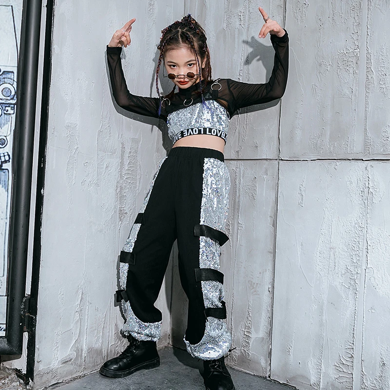 Trajes actuación para niñas, ropa de baile de Jazz de manga larga lentejuelas plateadas, ropa de competición de baile callejero de Hip Hop YS1294| | - AliExpress