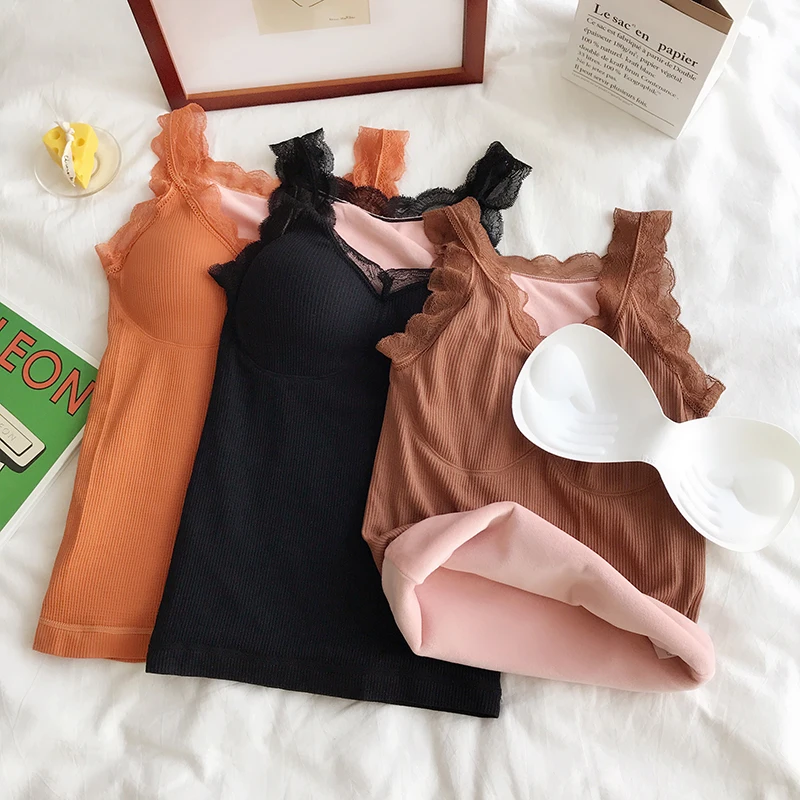 Plus Velvet Sleeveless Top Women Casual Female T-shirt Solid Color Tank Top Women V-neck Lace Top Female Winter Womens Clothing