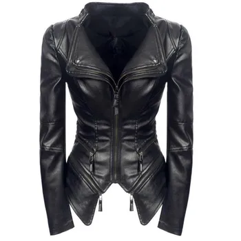 

Spring fashion motorcycle style leather for women PU jacket ladies gothic black fur Free shipping
