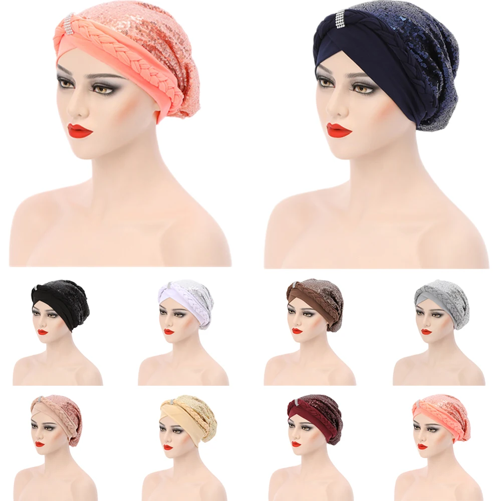 

2021 Braids Sequins Turban Cap for Women African Autogele Headtie Female Head Wraps Turbante Mujer Muslim Headscarf Bonnet Cap