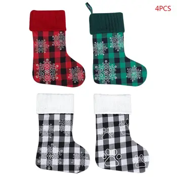 

4pcs/set Christmas Stocking Footprint Snowflake Lattice Gift Candy Bag Hanging Xmas Tree Fireplace Decoration
