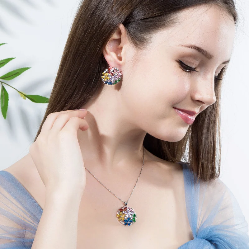 CWWZircons Multi Color Cubic Zirconia Crystal Half Round Pendant Necklace and Earrings Sets Women Fashion Costume Jewelry T140|Ювелирные
