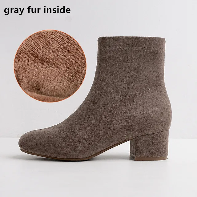 gray fur Женские ботинки; коллекция года; Зимние ботильоны из искусственной замши и флока с коротким плюшем на квадратном каблуке; однотонные женские Ботинки martin на молнии с квадратным носком - Цвет: gray fur
