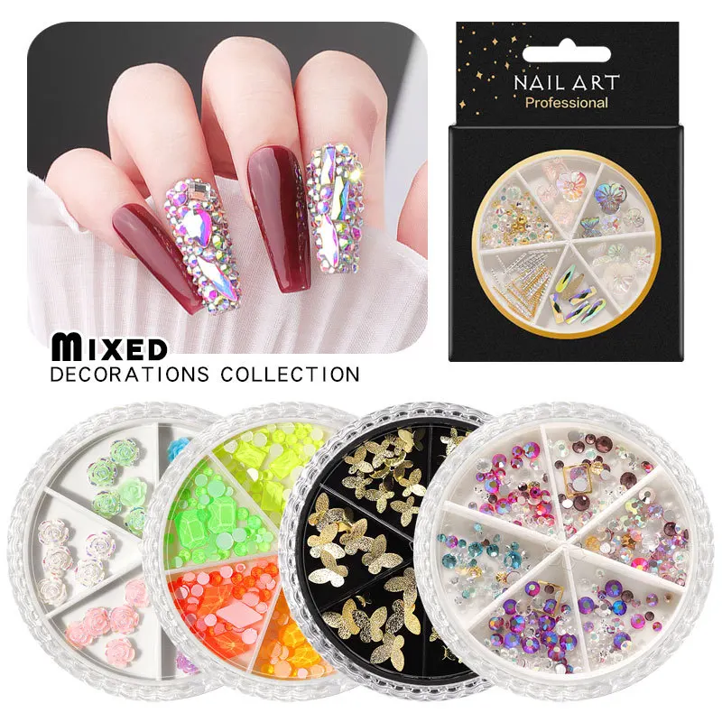 

1 Box 6 Compartments Nail Decorations AB Rhinestones Rivets Butterfly Mix For Nail Art Decoration Manicure Accessories sp0399