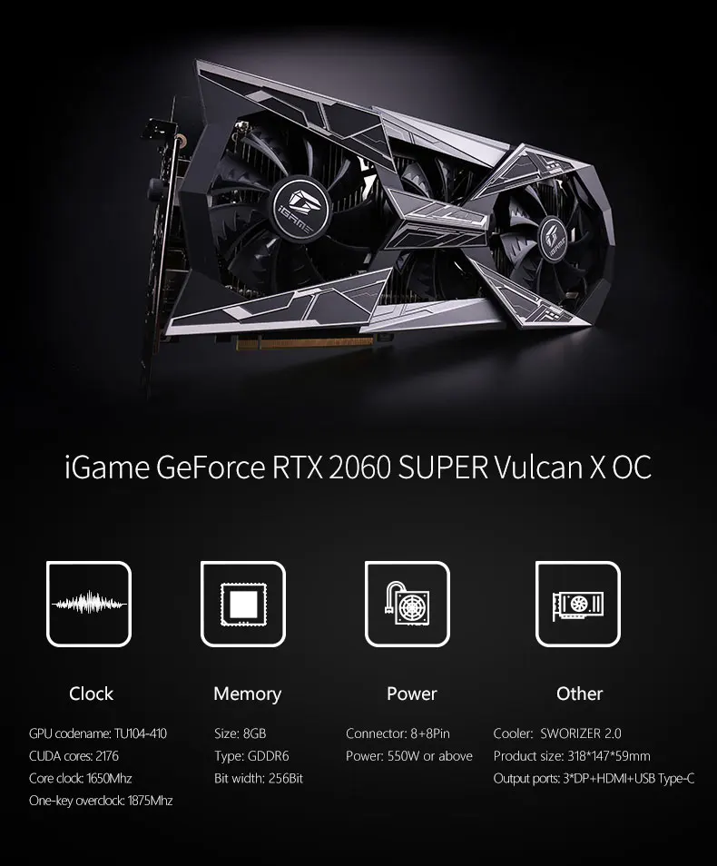 Серия iGame GeForce RTX 2060 SUPER 12 нм 14 Гбит/с 8 Гб 256 бит GDDR6 3* DP+ HDMI+ USB-C отслеживание лучей в реальном времени, Ansel, GPU Boost RGB