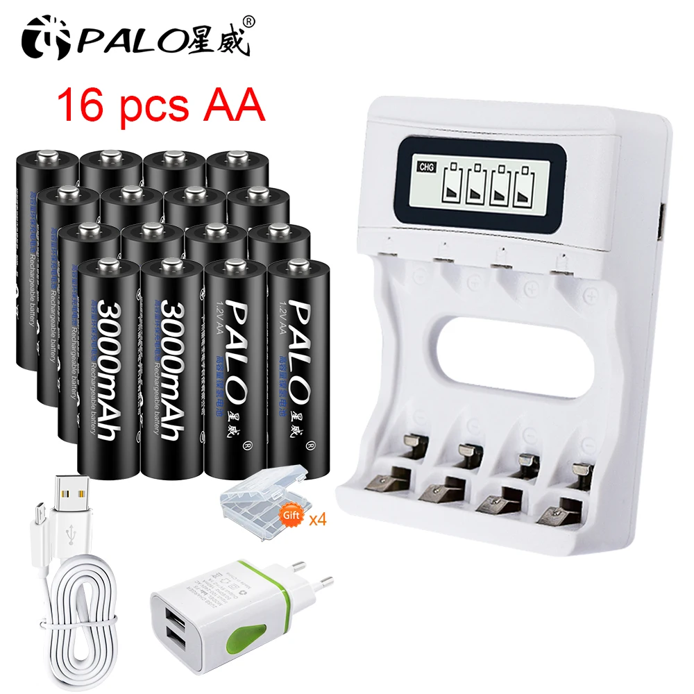 16 battery 1charger 1,2 в AA батарея Ni-MH перезаряжаемая батарея предварительно Заряженная 2A батарея+ USB lcd умное быстрое зарядное устройство для AA AAA перезаряжаемая батарея - Цвет: 16 battery 1charger