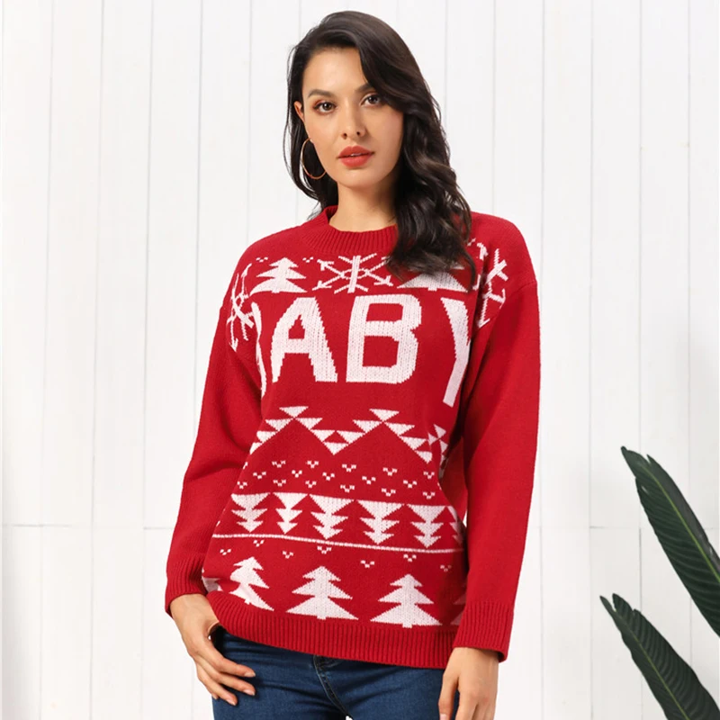 

The 2020 Winter Christmas Hot Style Women's Fashion Alphabet Jacquard Christmas Tree Loose Check Jumper Print Three-Dimensional
