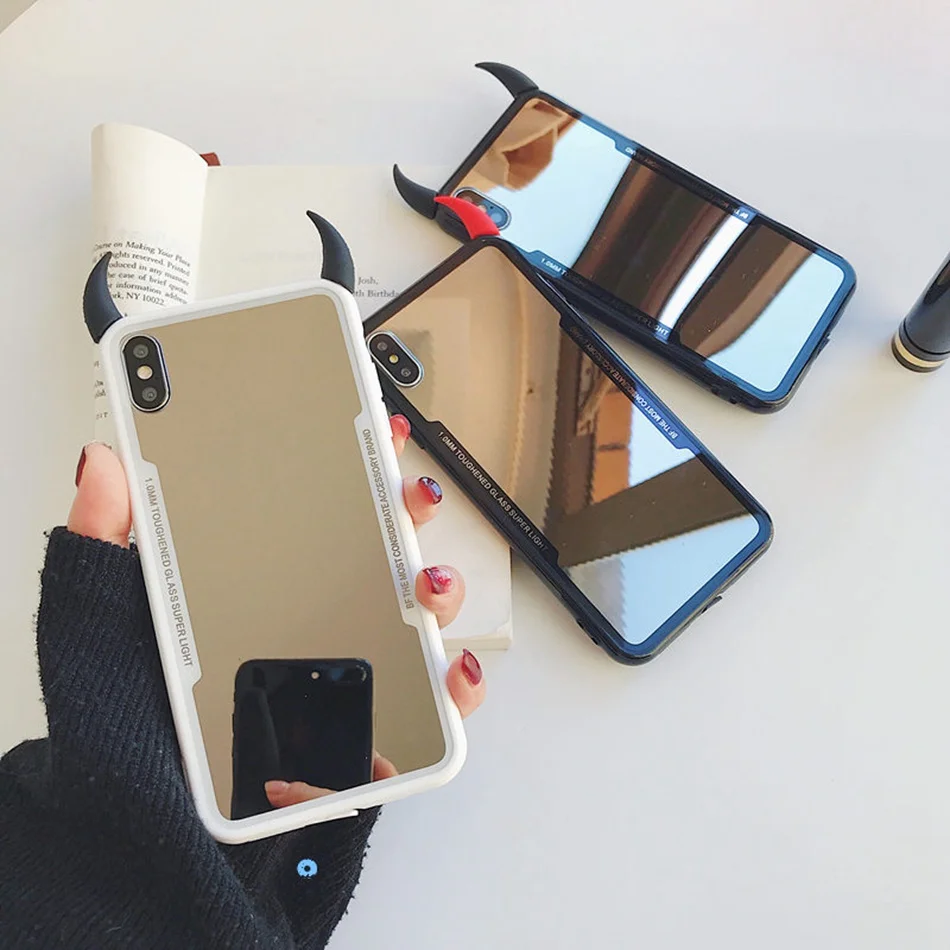 

Luxury Mirror Case For Huawei P Smart Y9 2019 Honor 8x 20 10 Lite Nova 5 5i Enjoy 9 Plus 9s 7s 3D Devil Horn Hard Acrylic Cover