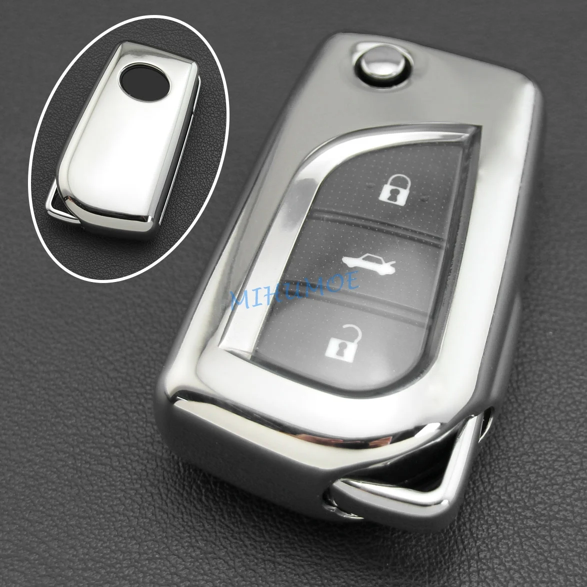 For Toyota Carbon Fiber Flip Key Case Soft Shell Cover Fob Chain Camry C-HR 
