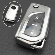 

Flip Car Key Case Cover Fob Shell Chain For 2018-2020 Toyota Camry C-HR CHR Silver