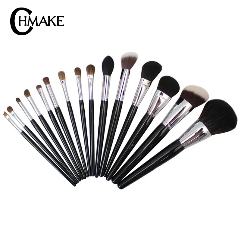 CHMAKE Pro 15 шт. набор кистей для макияжа черная/серебряная косметическая пудра для макияжа основа для макияжа Тени для век Тушь для ресниц, кисть для губ инструмент для красоты