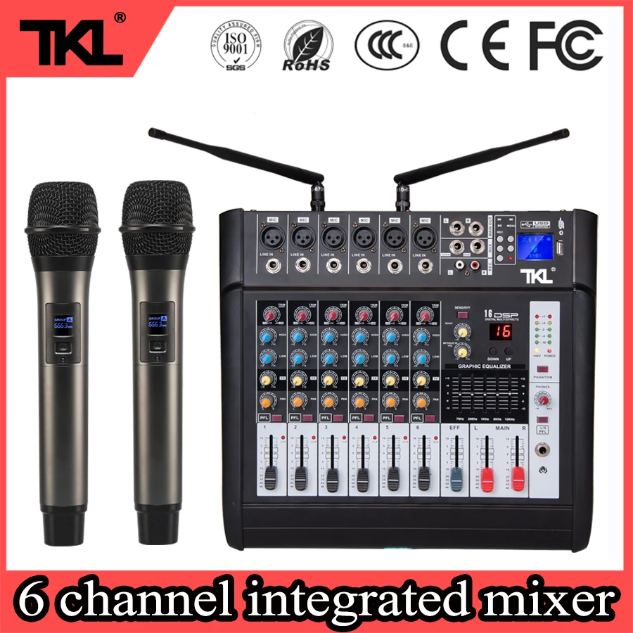 US $189.05 TKL 6 Channel Audio Mixer 300W2 Power Amplifier USB Sound Mixing With Wierless Micophone Bluetooth Mp3 Effector DJ Mixer