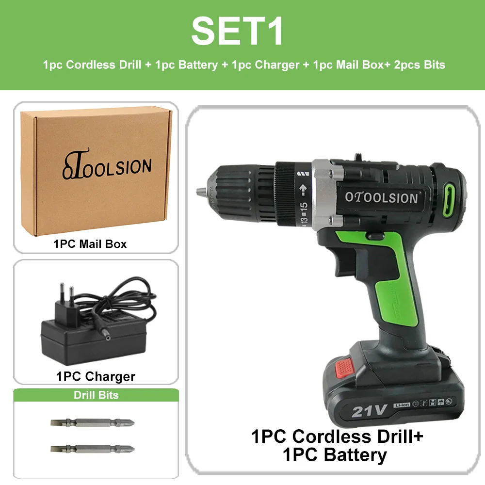 SET1 (1 pc battery) 21 в 1.5Ah ручная дрель маленькая дрель Беспроводная шуруповерт мощность сверла для дрели с 2 батареями дрель шуруповерт+ сумка для электрических - Цвет: SET1 (1 pc battery)