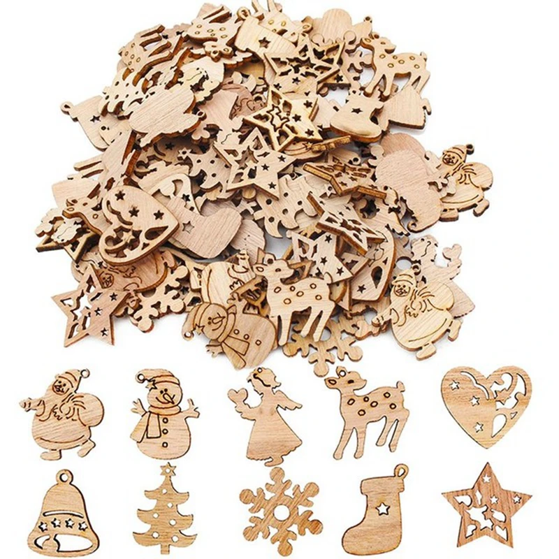 50pcs Wooden Xmas Tree Hanging Ornament 2021 Christmas Party Decorations for Home 2022 New Year Santa Claus Snowman Gift Decor