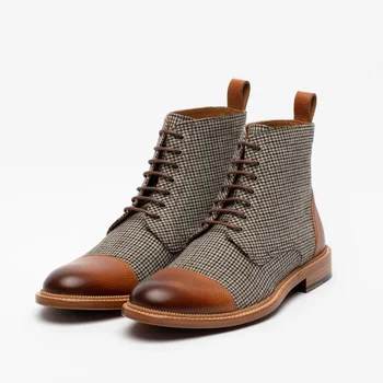 

Fashion Men Shoes Top Quality Vintage PU Leather Plaid Boots Lace Up Mens Martin Boots Casual Zapatos De Hombre F550