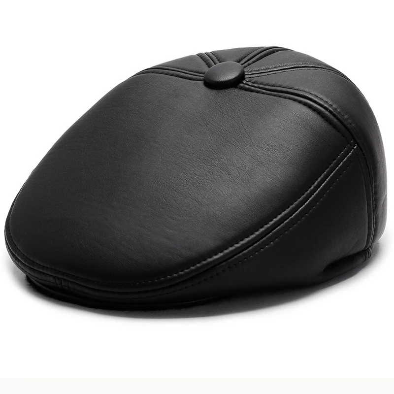 HT2629 Beret Cap Autumn Winter Hats for Men PU Leather Hat Vintage  Ivy Flat Cap Male Thick Warm Berets for Men Beret Hat 2